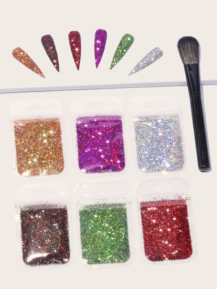 6包美甲閃亮粉末和1入組刷