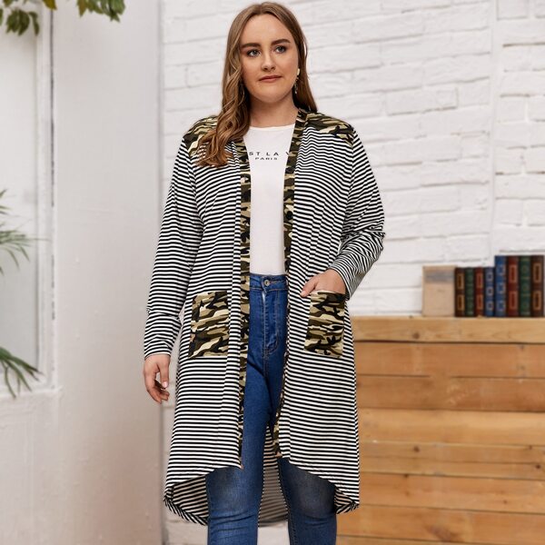 

Plus Striped & Camo Panel Dual Pocket Kimono, Multicolor