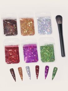 6包美甲閃亮粉末和1入組刷