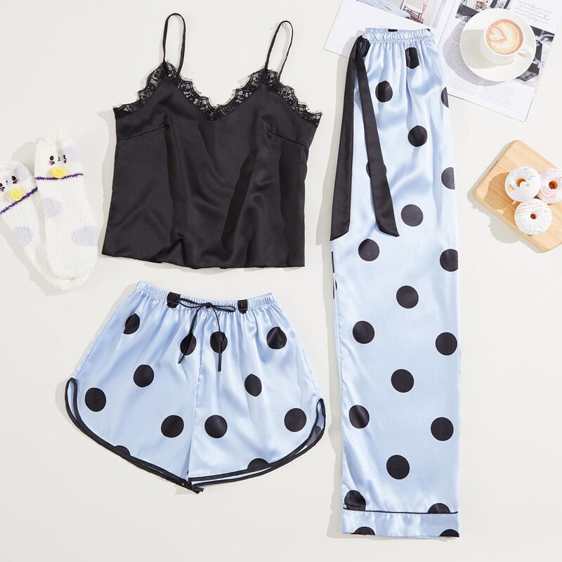 

3 Pack Satin Cami Top & Polka Dot Shorts & Pants Night Set, Multicolor