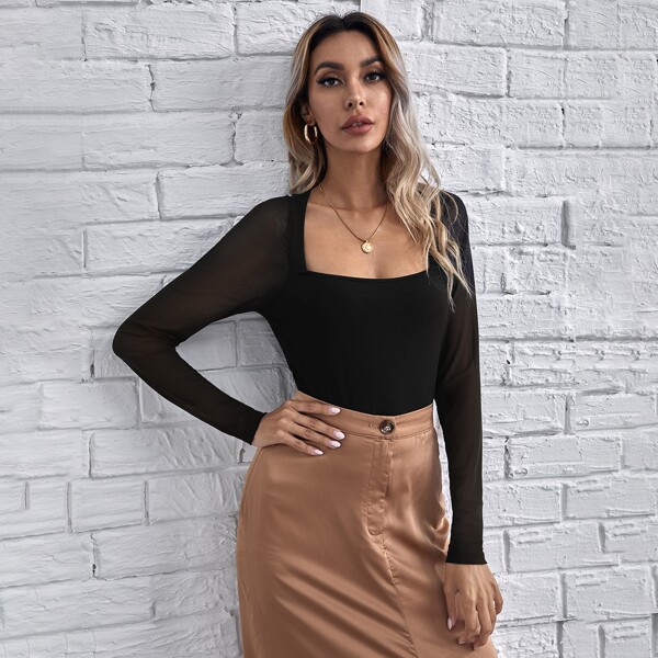 

Mesh Raglan Sleeve Solid Tee, Black