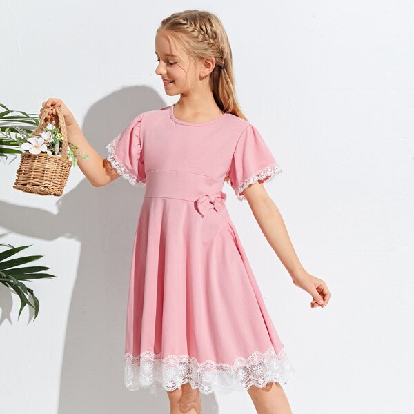 

Girls Bow Front Contrast Lace Dress, Pink