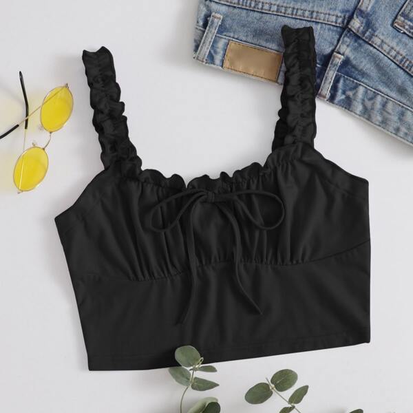 

Plus Frill Trim Tie Front Ruched Bust Crop Top, Black