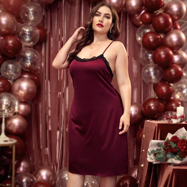 

Plus Contrast Lace Satin Cami Night Dress, Burgundy