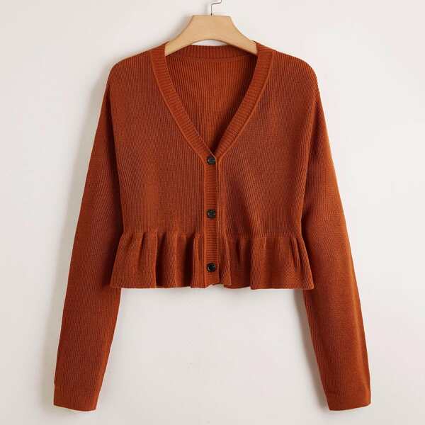 

Plus Ruffle Hem Button Front Cardigan, Brown