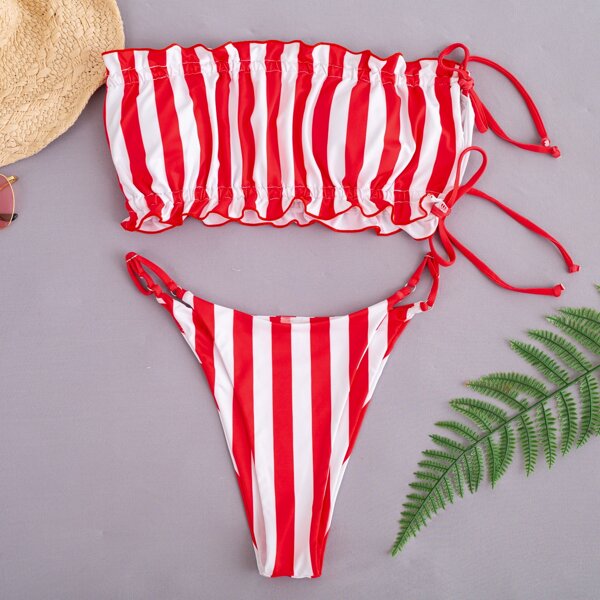 

Striped Frill Bandeau Thong Bikini Swimsuit, Red and white