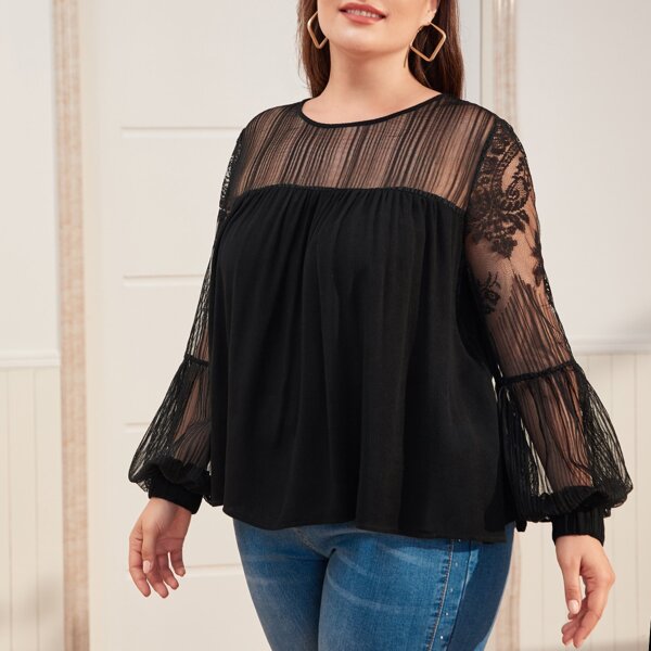 

Plus Lace Insert Lantern Sleeve Top, Black