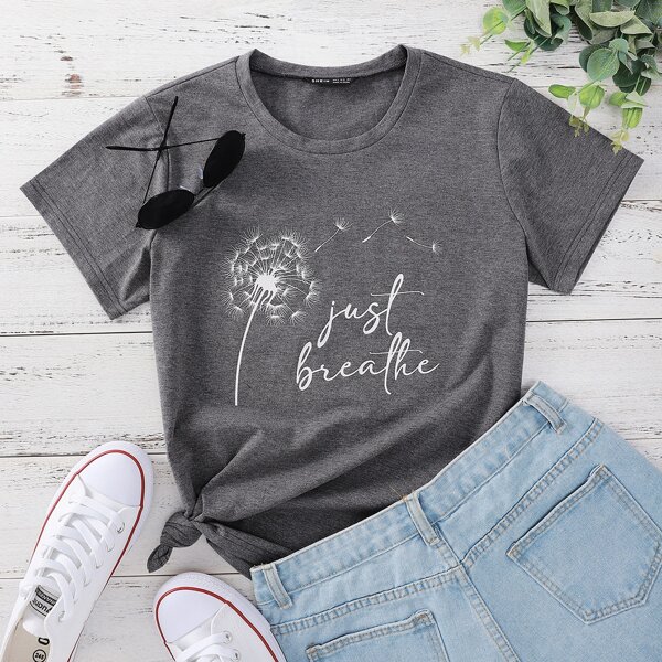

Dandelion And Slogan Graphic Tee, Grey