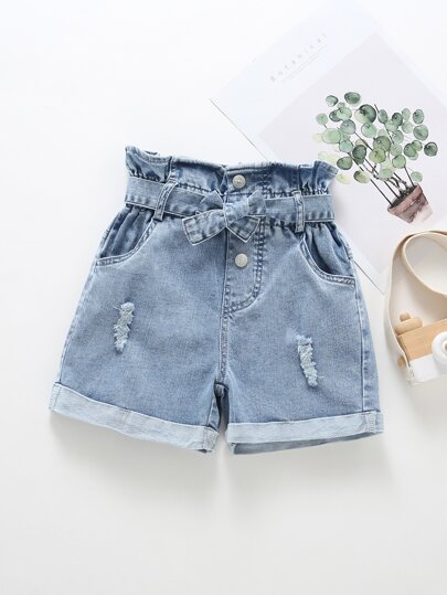 سروال قصير دينيم بخصر مكشكش ورقي بحزام ممزق للبنات