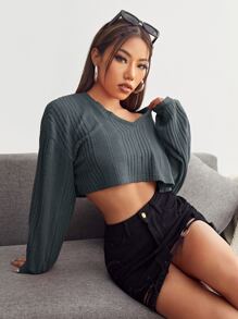 Muchica V-neck Drop Shoulder Rib-knit Crop Tee - Dark Grey - View 1