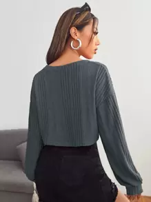 Muchica V-neck Drop Shoulder Rib-knit Crop Tee - Dark Grey - View 2