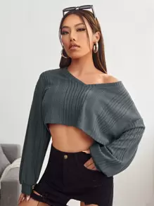 Muchica V-neck Drop Shoulder Rib-knit Crop Tee - Dark Grey - View 3