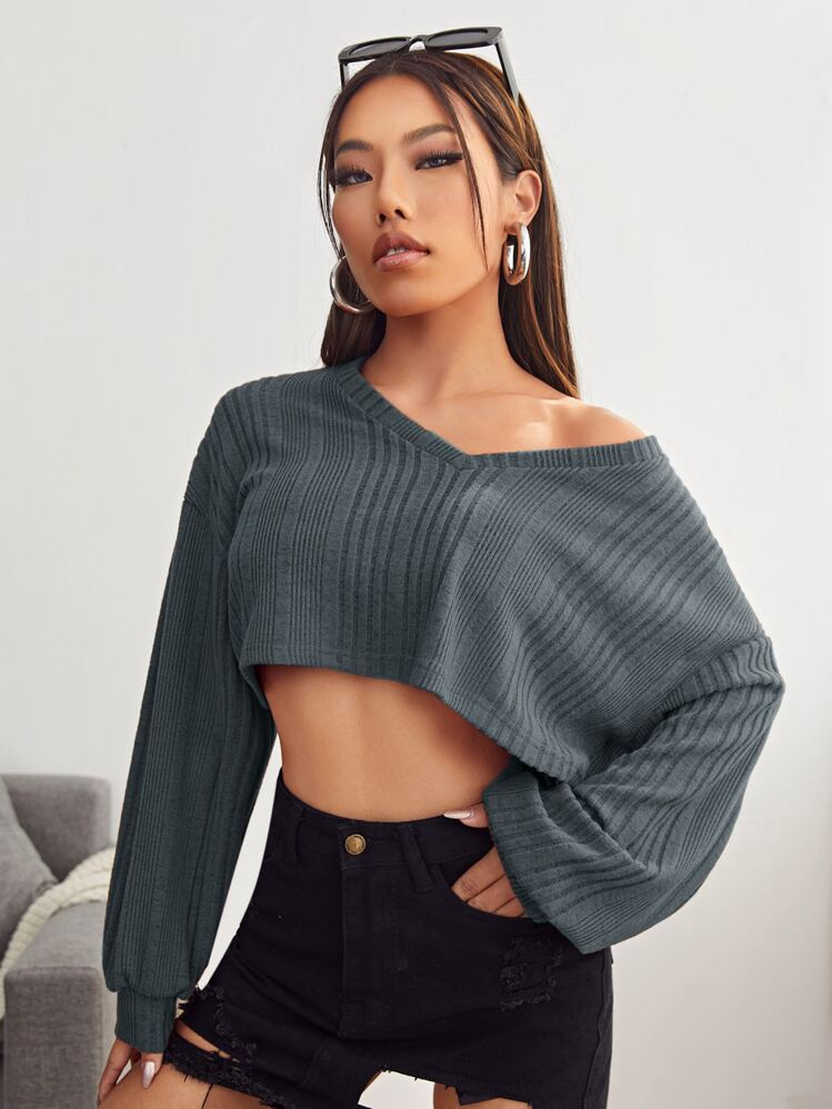 SHEIN Muchic V-neck Drop Shoulder Rib-knit Crop Tee - Dark Grey - View 3