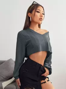 Muchica V-neck Drop Shoulder Rib-knit Crop Tee - Dark Grey - View 4