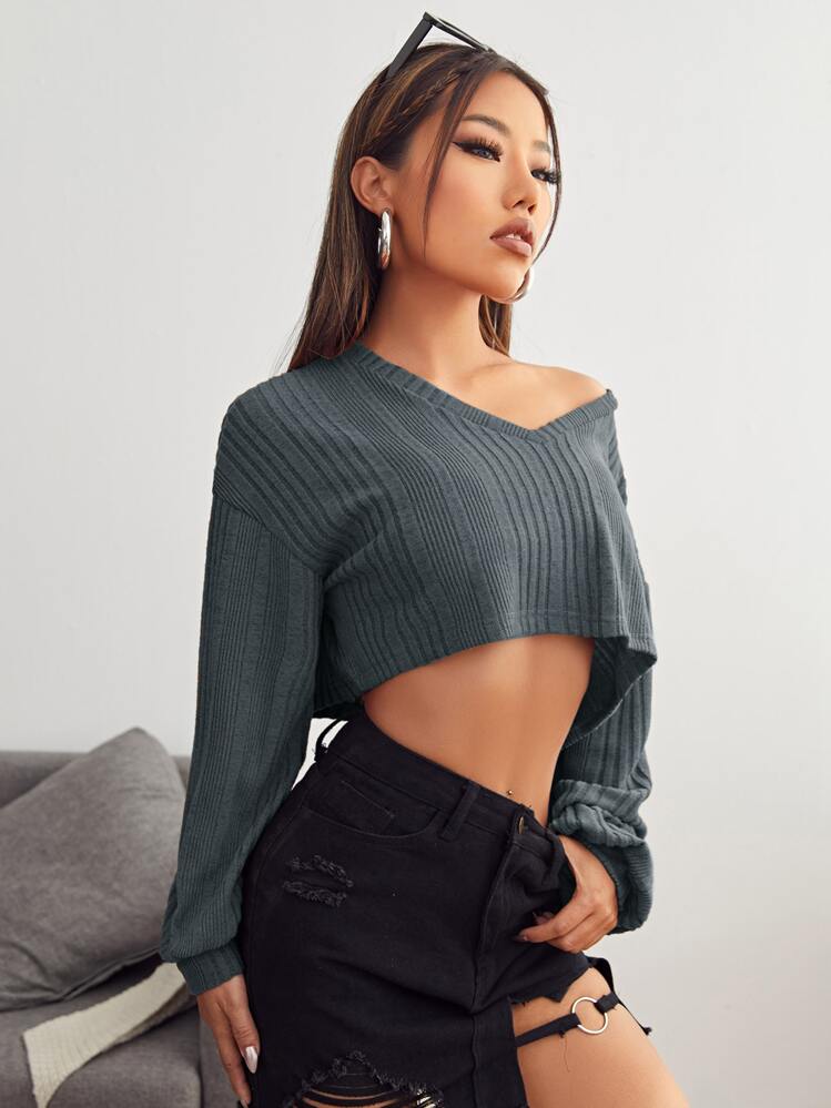 SHEIN Muchic V-neck Drop Shoulder Rib-knit Crop Tee - Dark Grey - View 4