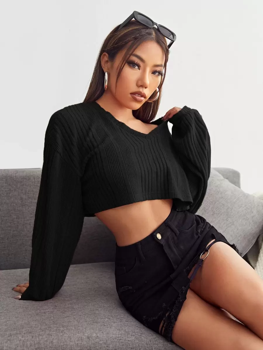 SHEIN EZwear v領落肩羅紋針織短版T恤