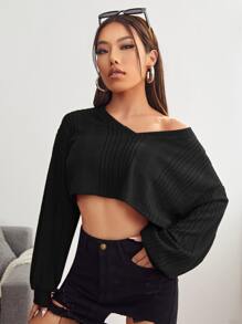 SHEIN EZwear v領落肩羅紋針織短版T恤