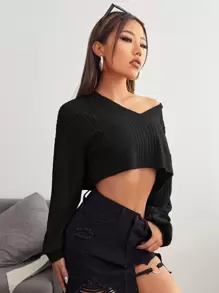 SHEIN EZwear v領落肩羅紋針織短版T恤