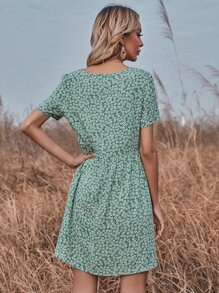 Ditsy Floral Print Smock Dress - Mint Green - View 2