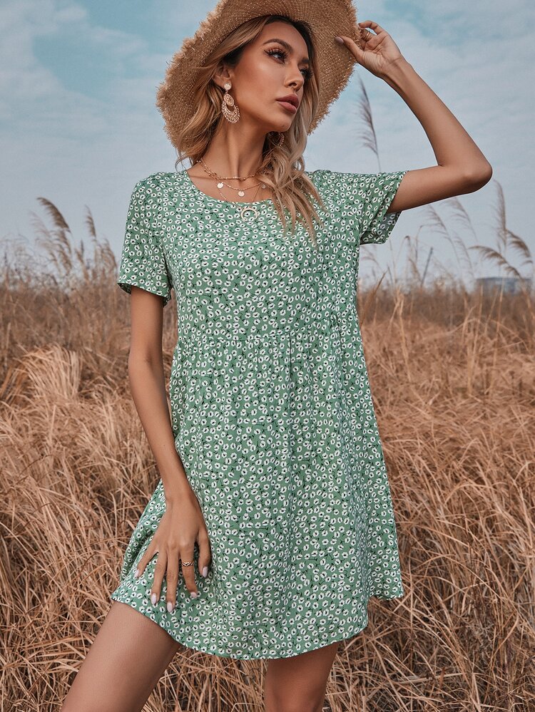 Ditsy Floral Print Smock Dress - Mint Green - View 4