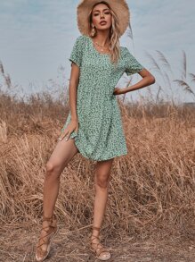 Ditsy Floral Print Smock Dress - Mint Green - View 5