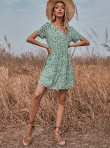 Ditsy Floral Print Smock Dress - Mint Green - View 6