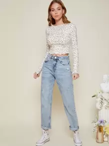 SHEIN Privé Ditsy Floral Scalloped Lace Lettuce-Edge Tee - Multicolor - View 5