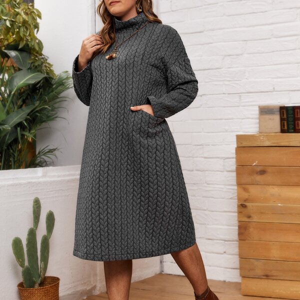 

Plus Cable-textured Drop Shoulder Tee Dress, Dark grey