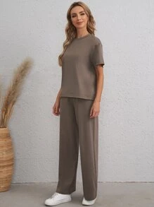 EMERY ROSE Bộ thời trang Thắt nút màu trơn Giải trí - Màu nâu  Mocha - Xem 3