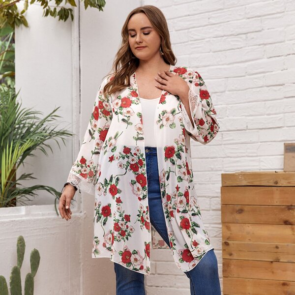 

Plus Allover Floral Contrast Lace Chiffon Kimono, Multicolor