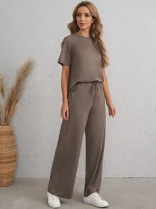 EMERY ROSE Bộ thời trang Thắt nút màu trơn Giải trí - Màu nâu  Mocha - Xem 5