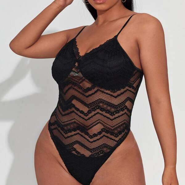 

Plus Sheer Lace Cami Bodysuit, Black
