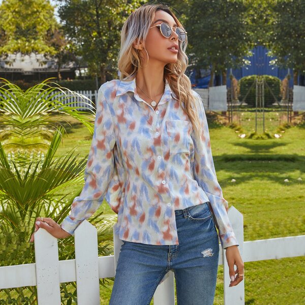 

Allover Print Tie Back Blouse, Multicolor