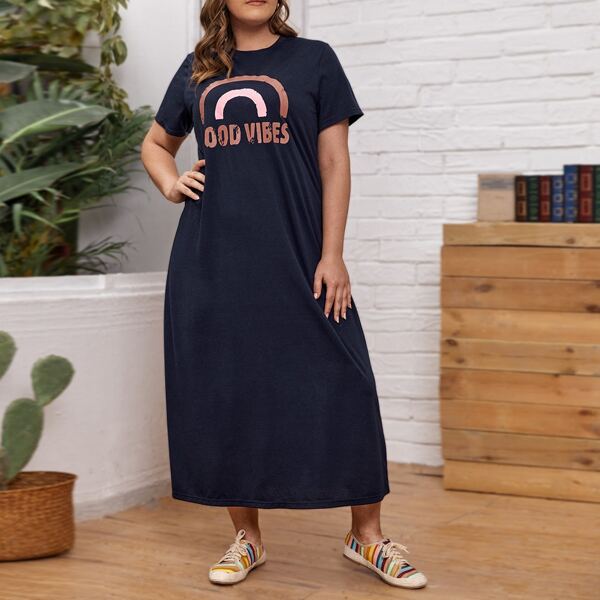 

Plus Letter Graphic Tee Dress, Navy blue