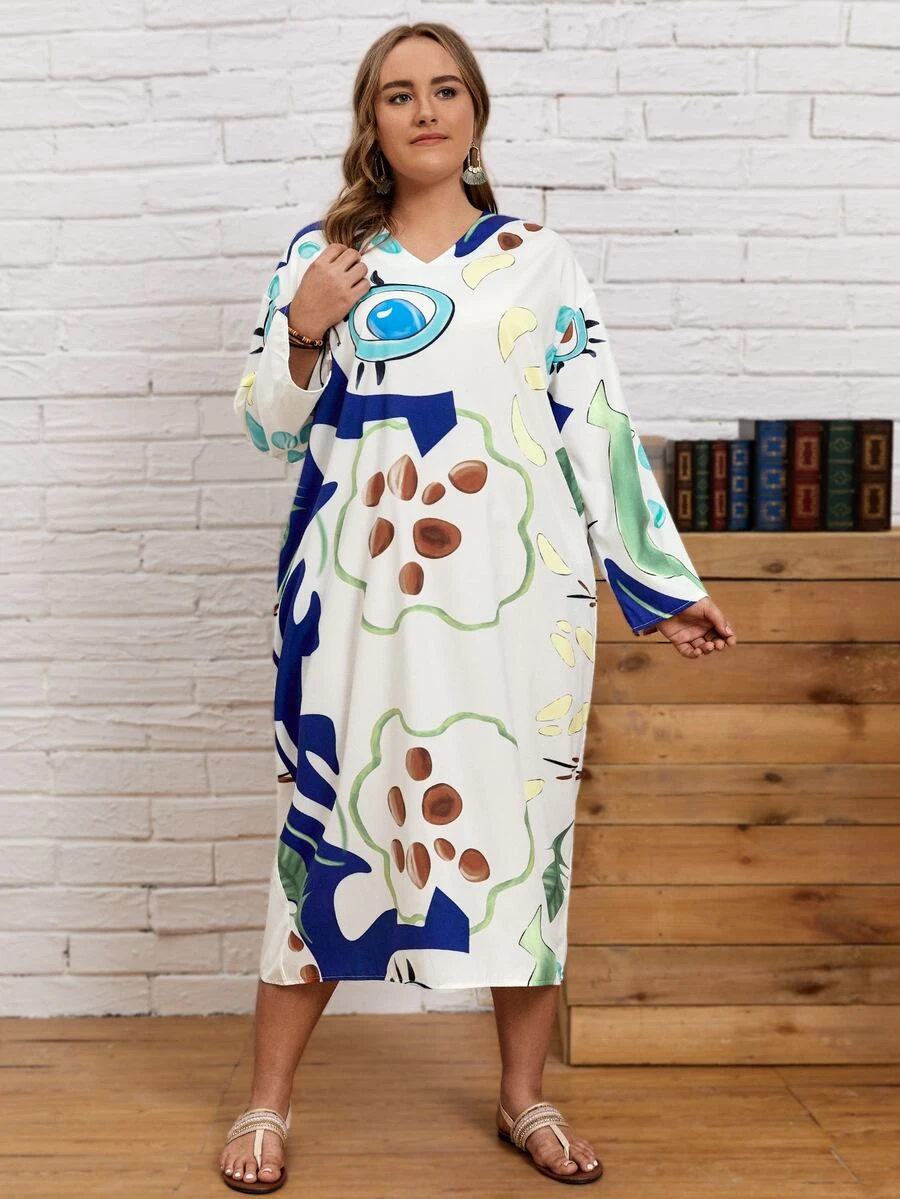 Plus Cartoon Graphic V-neck Tunic Dress - Multicolor - View 1