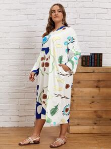 Plus Cartoon Graphic V-neck Tunic Dress - Multicolor - View 5