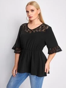 Plus Contrast Lace Flounce Sleeve Peplum Blouse - Black - View 3