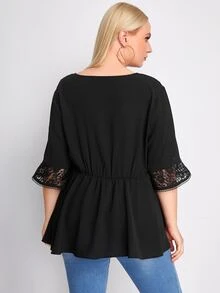 Plus Contrast Lace Flounce Sleeve Peplum Blouse - Black - View 2