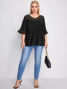 Plus Contrast Lace Flounce Sleeve Peplum Blouse - Black - View 4