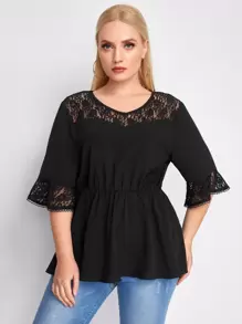 Plus Contrast Lace Flounce Sleeve Peplum Blouse - Black - View 1