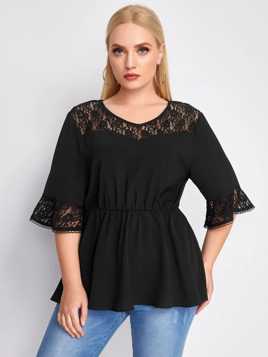 Plus Contrast Lace Flounce Sleeve Peplum Blouse - Black - View 1