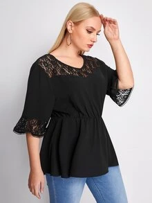 Plus Contrast Lace Flounce Sleeve Peplum Blouse - Black - View 5