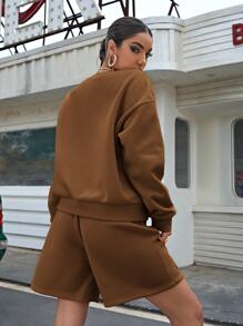 SHEIN Unity Drop Shoulder Letter Graphic Pullover & Shorts Set - Coffee Brown - View 2