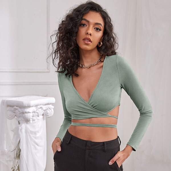 

Cross Wrap Tie Back Rib-knit Crop Top, Mint green