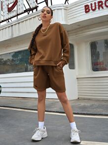 SHEIN Unity Drop Shoulder Letter Graphic Pullover & Shorts Set - Coffee Brown - View 4