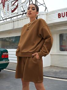 SHEIN Unity Drop Shoulder Letter Graphic Pullover & Shorts Set - Coffee Brown - View 6