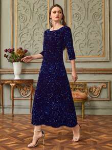 A-line Sequin Dress - Navy Blue - View 1