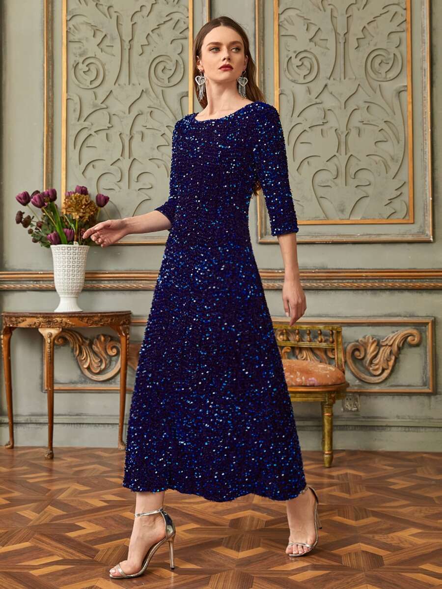 A-line Sequin Dress - Navy Blue - View 1