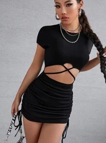 SHEIN Unity Criss-cross Cut Out Drawstring Side Bodycon Dress - Black - View 1