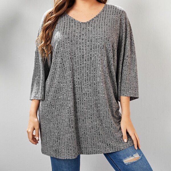 

Plus Drop Shoulder Rib-knit Tee, Grey